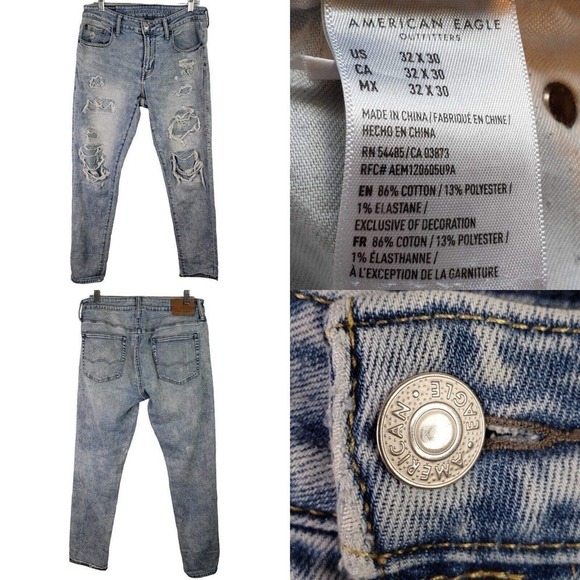 American Eagle AE Airflex Jeans Men's 32x30 Light Wash Distressed Skinny Skate - Picture 1 of 14